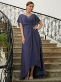 Ashlee A-Line/Princess Chiffon Beading V-neck Short Sleeves Asymmetrical Mother of the Bride Dresses STIP0020312