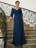 Serenity A-Line/Princess Chiffon Ruched V-neck 1/2 Sleeves Floor-Length Mother of the Bride Dresses STIP0020344