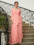 Abby A-Line/Princess Chiffon Ruched V-neck Long Sleeves Sweep/Brush Train Mother of the Bride Dresses STIP0020305