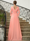 Abby A-Line/Princess Chiffon Ruched V-neck Long Sleeves Sweep/Brush Train Mother of the Bride Dresses STIP0020305