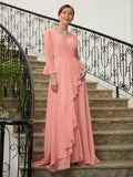 Abby A-Line/Princess Chiffon Ruched V-neck Long Sleeves Sweep/Brush Train Mother of the Bride Dresses STIP0020305