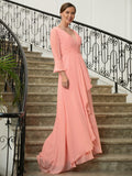 Abby A-Line/Princess Chiffon Ruched V-neck Long Sleeves Sweep/Brush Train Mother of the Bride Dresses STIP0020305