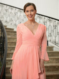 Abby A-Line/Princess Chiffon Ruched V-neck Long Sleeves Sweep/Brush Train Mother of the Bride Dresses STIP0020305