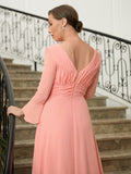 Abby A-Line/Princess Chiffon Ruched V-neck Long Sleeves Sweep/Brush Train Mother of the Bride Dresses STIP0020305