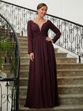 Belen A-Line/Princess Chiffon Ruched V-neck Long Sleeves Floor-Length Mother of the Bride Dresses STIP0020345