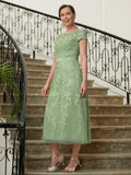 Deborah A-Line/Princess Tulle Lace Scoop Short Sleeves Tea-Length Mother of the Bride Dresses STIP0020318