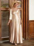 Khloe A-Line/Princess Elastic Woven Satin Ruched V-neck 3/4 Sleeves Ankle-Length Mother of the Bride Dresses STIP0020362