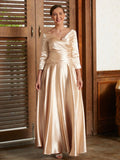 Khloe A-Line/Princess Elastic Woven Satin Ruched V-neck 3/4 Sleeves Ankle-Length Mother of the Bride Dresses STIP0020362