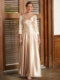 Khloe A-Line/Princess Elastic Woven Satin Ruched V-neck 3/4 Sleeves Ankle-Length Mother of the Bride Dresses STIP0020362