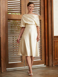 Jordan A-Line/Princess Charmeuse Ruched Off-the-Shoulder 1/2 Sleeves Tea-Length Mother of the Bride Dresses STIP0020363