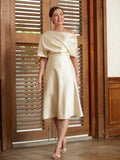 Jordan A-Line/Princess Charmeuse Ruched Off-the-Shoulder 1/2 Sleeves Tea-Length Mother of the Bride Dresses STIP0020363