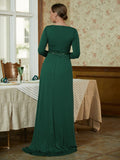 Vivienne A-Line/Princess Jersey Beading V-neck Long Sleeves Sweep/Brush Train Mother of the Bride Dresses STIP0020357