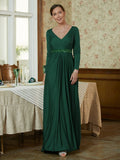 Vivienne A-Line/Princess Jersey Beading V-neck Long Sleeves Sweep/Brush Train Mother of the Bride Dresses STIP0020357