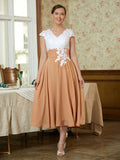 Mattie A-Line/Princess Chiffon Lace V-neck Sleeveless Tea-Length Mother of the Bride Dresses STIP0020364