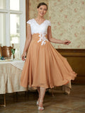 Mattie A-Line/Princess Chiffon Lace V-neck Sleeveless Tea-Length Mother of the Bride Dresses STIP0020364