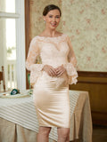 Stella Sheath/Column Satin Lace Scoop Long Sleeves Knee-Length Mother of the Bride Dresses STIP0020315