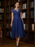 Campbell A-Line/Princess Chiffon Applique Bateau Short Sleeves Tea-Length Mother of the Bride Dresses STIP0020275