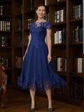 Campbell A-Line/Princess Chiffon Applique Bateau Short Sleeves Tea-Length Mother of the Bride Dresses STIP0020275