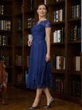 Campbell A-Line/Princess Chiffon Applique Bateau Short Sleeves Tea-Length Mother of the Bride Dresses STIP0020275