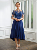 Angelina A-Line/Princess Chiffon Applique Bateau 1/2 Sleeves Tea-Length Mother of the Bride Dresses STIP0020279