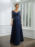 Lillian A-Line/Princess Chiffon Applique V-neck 3/4 Sleeves Floor-Length Mother of the Bride Dresses STIP0020267