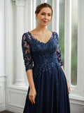 Lillian A-Line/Princess Chiffon Applique V-neck 3/4 Sleeves Floor-Length Mother of the Bride Dresses STIP0020267