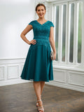 Noelle A-Line/Princess Chiffon Ruched V-neck Short Sleeves Knee-Length Mother of the Bride Dresses STIP0020268