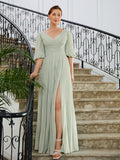 Alexus A-Line/Princess Chiffon Ruched V-neck 1/2 Sleeves Floor-Length Mother of the Bride Dresses STIP0020271