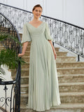 Alexus A-Line/Princess Chiffon Ruched V-neck 1/2 Sleeves Floor-Length Mother of the Bride Dresses STIP0020271