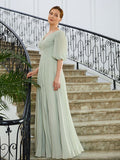 Alexus A-Line/Princess Chiffon Ruched V-neck 1/2 Sleeves Floor-Length Mother of the Bride Dresses STIP0020271