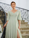 Alexus A-Line/Princess Chiffon Ruched V-neck 1/2 Sleeves Floor-Length Mother of the Bride Dresses STIP0020271