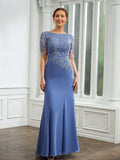 June Sheath/Column Chiffon Applique Bateau Short Sleeves Floor-Length Mother of the Bride Dresses STIP0020272