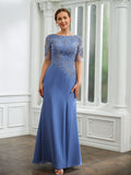 June Sheath/Column Chiffon Applique Bateau Short Sleeves Floor-Length Mother of the Bride Dresses STIP0020272