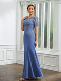 June Sheath/Column Chiffon Applique Bateau Short Sleeves Floor-Length Mother of the Bride Dresses STIP0020272