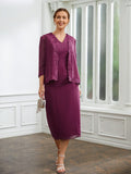 Isabelle Sheath/Column Chiffon Applique V-neck Sleeveless Tea-Length Mother of the Bride Dresses STIP0020263