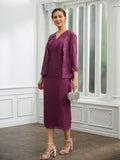 Isabelle Sheath/Column Chiffon Applique V-neck Sleeveless Tea-Length Mother of the Bride Dresses STIP0020263