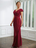 Liana Sheath/Column Jersey Ruched V-neck Short Sleeves Floor-Length Mother of the Bride Dresses STIP0020252