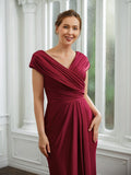 Liana Sheath/Column Jersey Ruched V-neck Short Sleeves Floor-Length Mother of the Bride Dresses STIP0020252