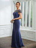 Rosalie Sheath/Column Chiffon Beading Bateau Short Sleeves Floor-Length Mother of the Bride Dresses STIP0020253