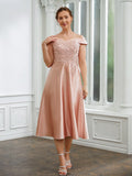 Nylah A-Line/Princess Satin Applique Off-the-Shoulder Sleeveless Tea-Length Mother of the Bride Dresses STIP0020255