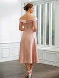 Nylah A-Line/Princess Satin Applique Off-the-Shoulder Sleeveless Tea-Length Mother of the Bride Dresses STIP0020255