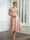 Nylah A-Line/Princess Satin Applique Off-the-Shoulder Sleeveless Tea-Length Mother of the Bride Dresses STIP0020255