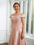 Nylah A-Line/Princess Satin Applique Off-the-Shoulder Sleeveless Tea-Length Mother of the Bride Dresses STIP0020255