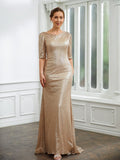 Susanna Sheath/Column Sequins Ruched 1/2 Sleeves Sweep/Brush Train Mother of the Bride Dresses STIP0020248