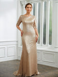 Susanna Sheath/Column Sequins Ruched 1/2 Sleeves Sweep/Brush Train Mother of the Bride Dresses STIP0020248