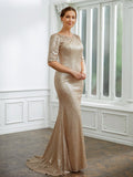 Susanna Sheath/Column Sequins Ruched 1/2 Sleeves Sweep/Brush Train Mother of the Bride Dresses STIP0020248