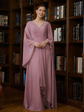 Valentina A-Line/Princess Chiffon Ruched V-neck 3/4 Sleeves Floor-Length Mother of the Bride Dresses STIP0020251