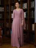 Valentina A-Line/Princess Chiffon Ruched V-neck 3/4 Sleeves Floor-Length Mother of the Bride Dresses STIP0020251