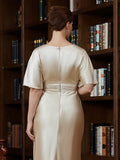 Clare Sheath/Column Elastic Woven Satin Ruched Scoop Short Sleeves Tea-Length Mother of the Bride Dresses STIP0020242