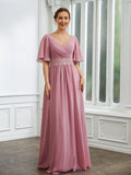 Jazmyn A-Line/Princess Chiffon Ruched V-neck 1/2 Sleeves Floor-Length Mother of the Bride Dresses STIP0020248